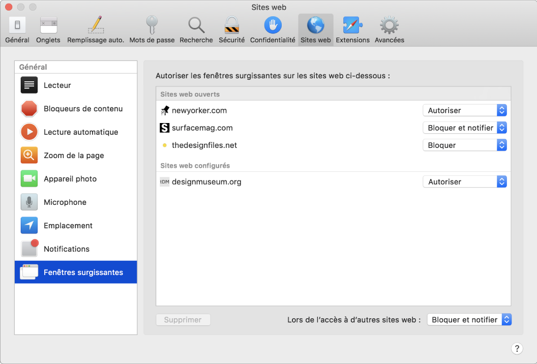 Préférences Sites web, qui vous permettent de personnaliser la façon dont vous parcourez les sites web dans Safari.