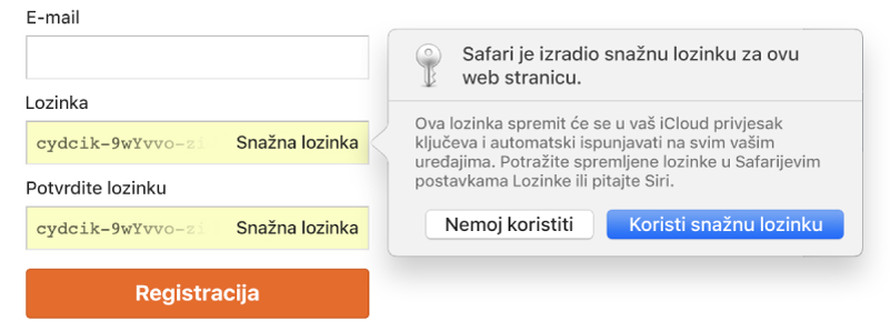 Stranica za izradu računa s prikazom automatski izrađene lozinke i odabira za njezino odbijanje ili prihvaćanje.