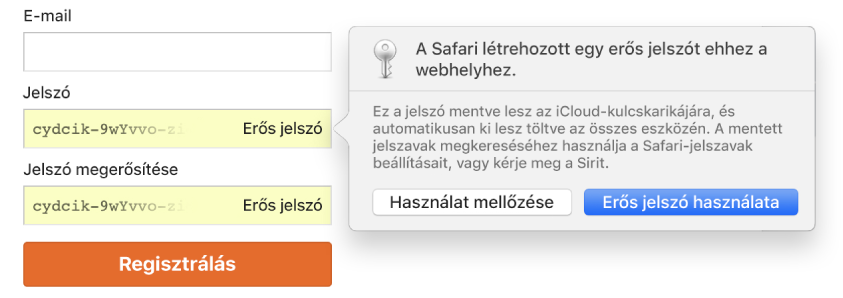 Egy fiók feliratkozási oldala, melyen egy automatikusan létrehozott jelszó látható – a használatra és elutasításra vonatkozó választási lehetőségekkel.