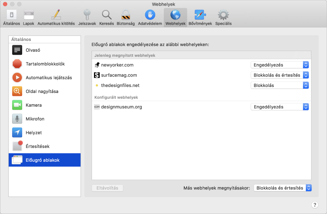 A Webhelyek beállításai; itt szabható testre a Safariban az egyes webhelyek böngészési módja.