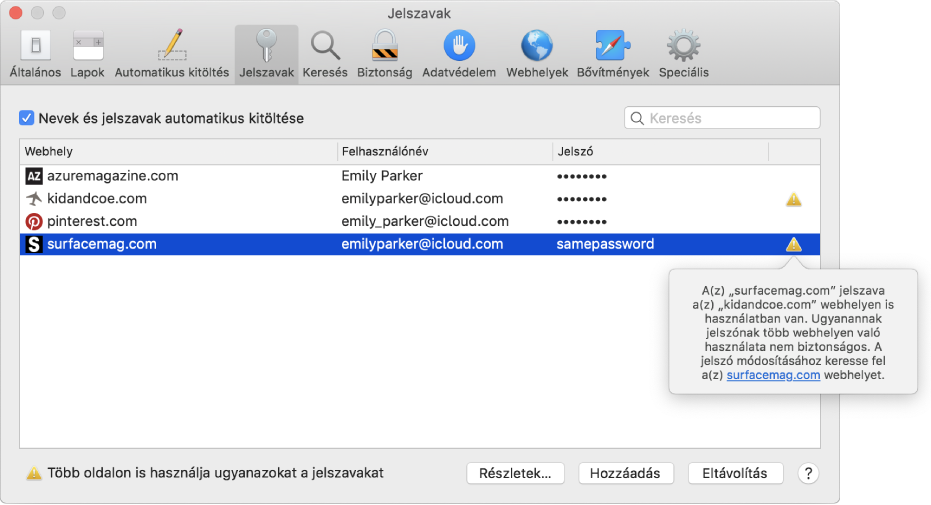 A jelszóbeállítások figyelmezteti Önt, hogy két weboldalon ugyanazt a jelszót használja.