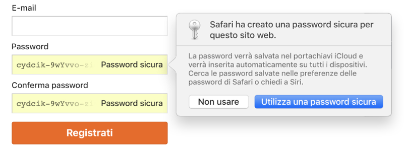 Pagina di accesso di un account, che mostra una password creata automaticamente e l'opzione di accettarla o rifiutarla.