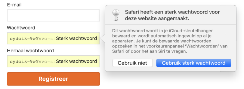 Aanmeldingspagina van een account met een automatisch aangemaakt wachtwoord en de keuze om het af te wijzen of te gebruiken.