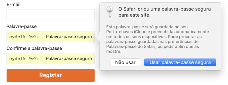 Página de registo de uma conta, com uma palavra‑passe criada automaticamente e a opção de a recusar ou usar.