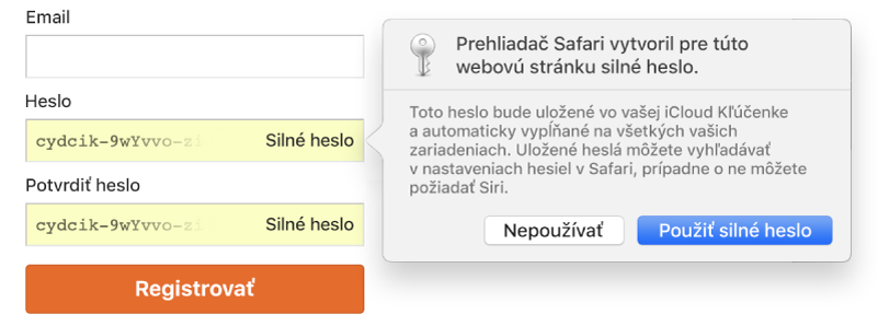 Stránka registrácie účtu, ktorá zobrazuje automaticky vytvorené heslo s možnosť ho odmietnuť alebo použiť.