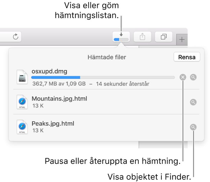 Knappen för hämtade filer i verktygsfältet med listan över hämtade filer nedanför.