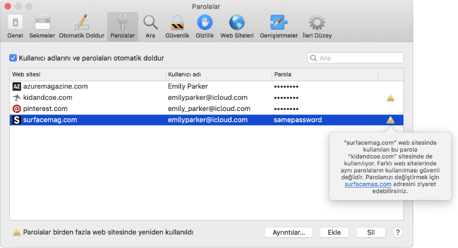 İki web sitesinin aynı parolayı kullandığına dair uyarının olduğu parola tercihleri.