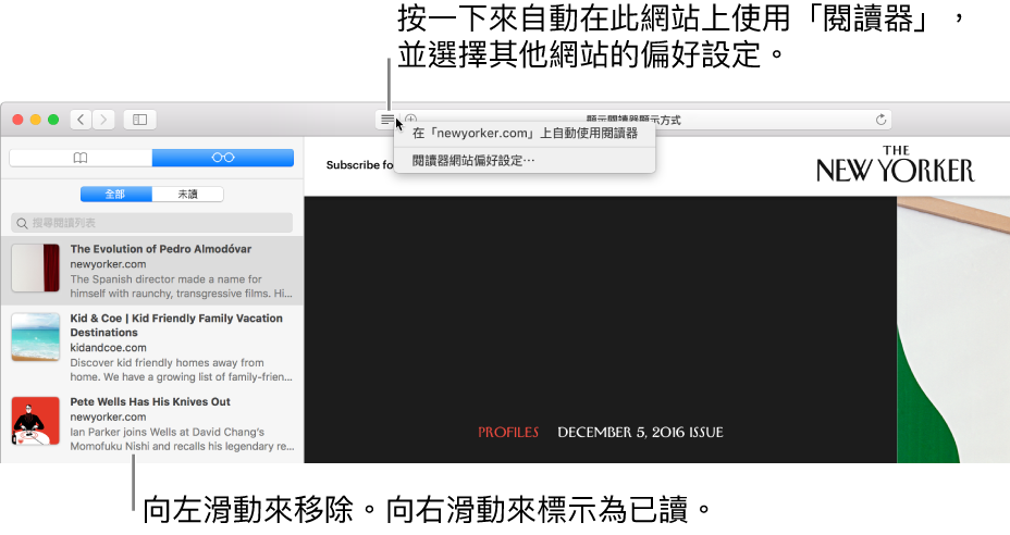 Safari 視窗顯示「閱讀列表」。