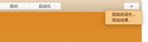 “家庭”屏幕的右上角，显示“添加”菜单中的“添加自动化”和“添加场景”。
