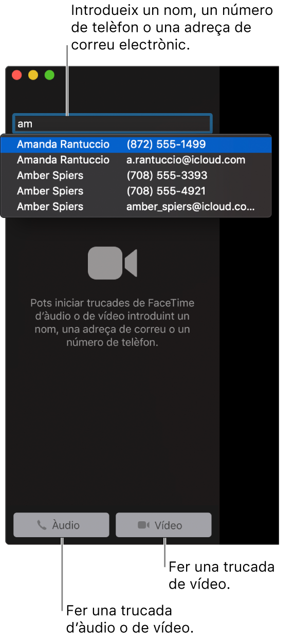 Introdueix un nom, un número de telèfon o una adreça de correu electrònic a la barra de cerques. Fes clic al botó Vídeo per fer una trucada de vídeo pel FaceTime. Fes clic al botó Àudio per fer una trucada d’àudio del FaceTime o una trucada telefònica.