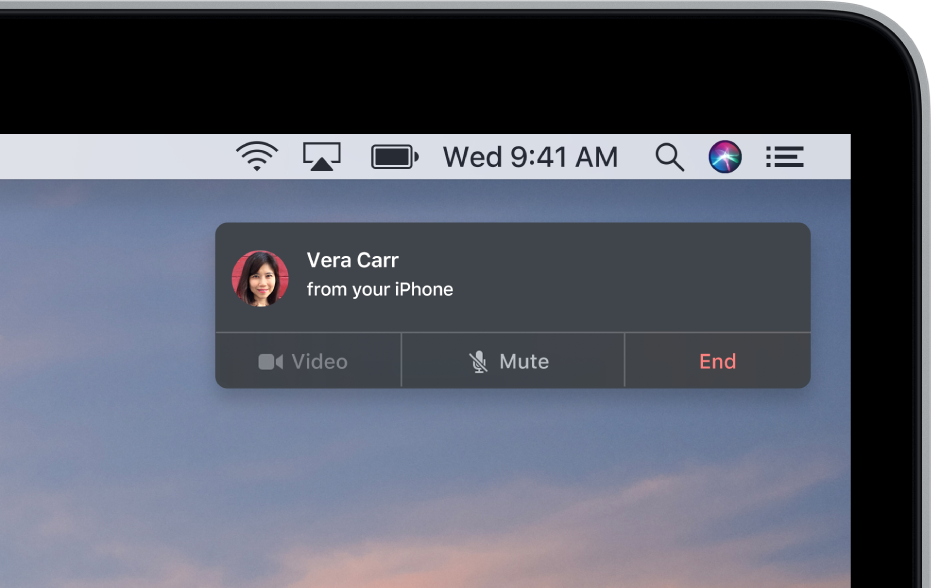 A notification appears in the upper-right corner of the Mac screen, showing that a phone call is in progress using your iPhone.