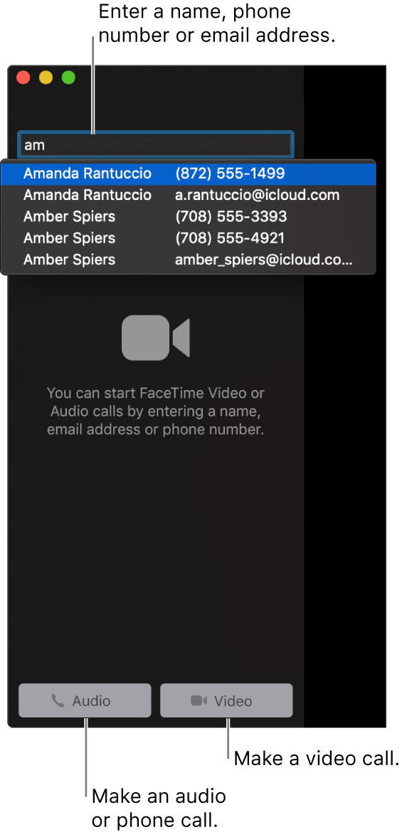 Enter a name, phone number or email address in the search bar. Click the Video button to make a FaceTime video call. Click the Audio button to make a FaceTime audio or phone call.