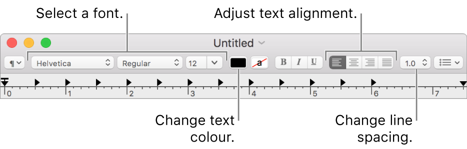 The TextEdit toolbar for a rich text document, showing the font and text alignment and spacing controls.