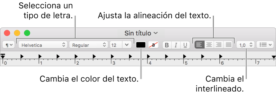 La barra de herramientas de TextEdit para un documento de texto enriquecido (RTF), mostrando los controles del tipo de letra y alineación y espaciado de texto.