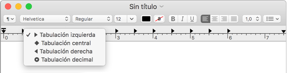 Regla con las opciones de tabulación.