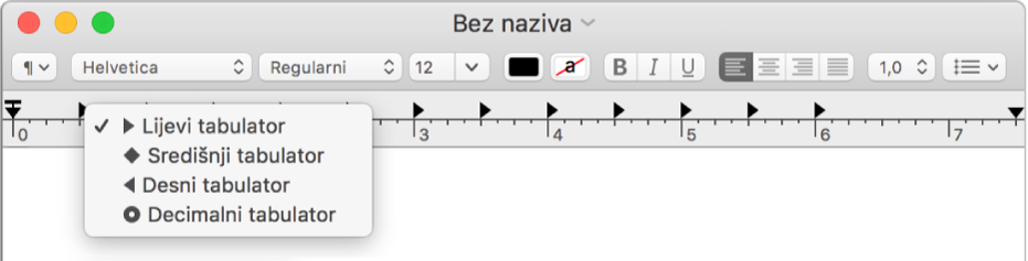 Ravnalo prikazuje opcije pomaka tabulatora.