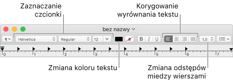 Pasek narzędzi TextEdit w oknie dokumentu tekstowego formatowanego zawierający narzędzia do wybierania czcionki, wyrównania tekstu oraz odstępów.
