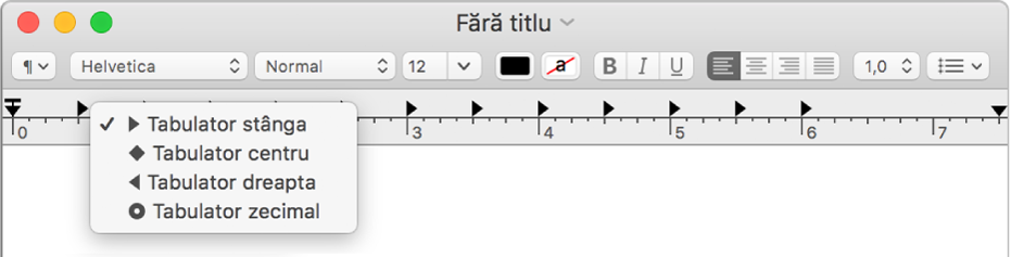 Riglă afișând opțiunile stopurilor de tabulare.