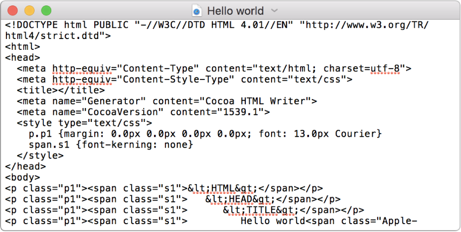原始碼編輯模式的 HTML 檔案。