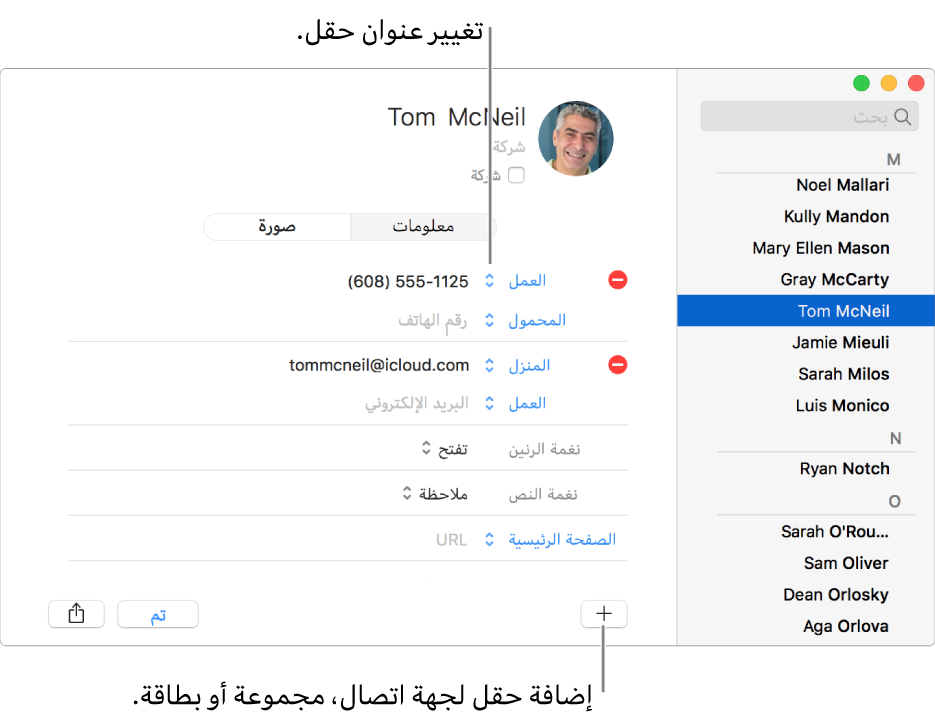 بطاقة جهة اتصال يظهر بها تسمية حقل يمكن تغييرها، وفي أسفل البطاقة يظهر زر لإضافة جهة اتصال، أو مجموعة، أو حقل بطاقة.