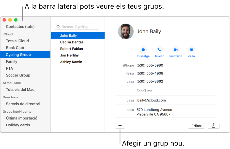 Finestra de l’app Contactes amb la barra lateral amb grups com ara “Grup de lectura” o “Grup de ciclisme” i el botó a la part inferior d’una targeta de contacte per afegir un grup nou.