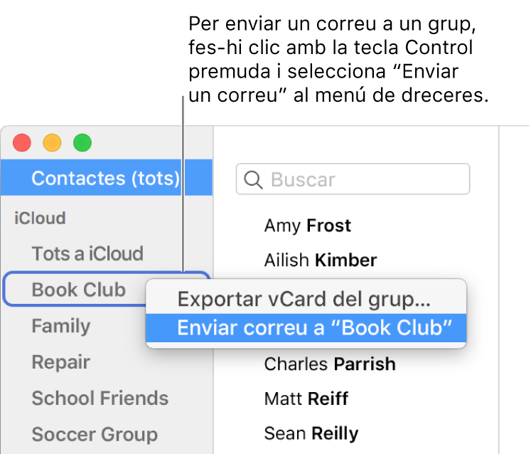 Barra lateral de l’app Contactes que mostra el menú desplegable amb l‘ordre seleccionada per enviar un correu electrònic al grup.