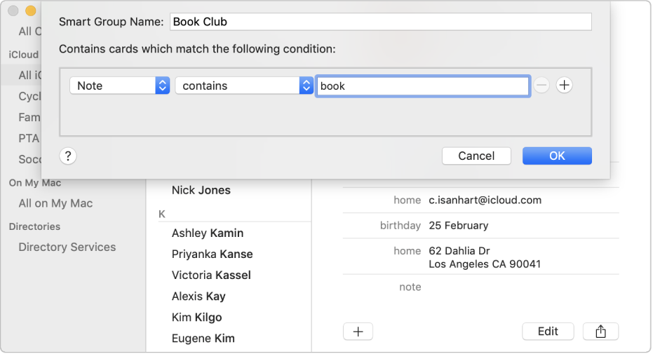 The window for adding a Smart Group, with a group named ‘Book Club’ that includes contacts who have the word ‘book’ in their Note field.
