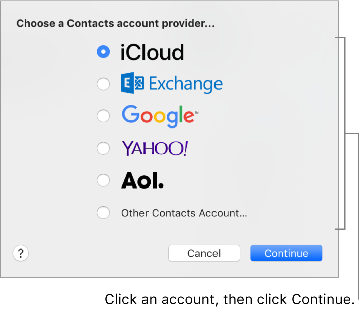 The window for adding Internet accounts to the Contacts app.