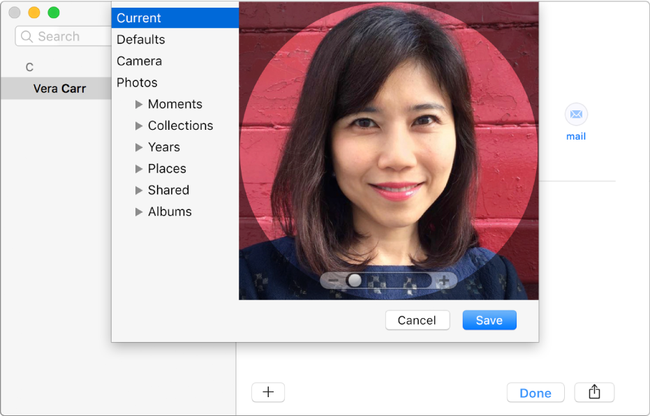 The window for adding or changing a contact’s picture: on the left is the list of sources, such as Defaults or Camera, and on the right is the current picture, with a slider for zooming the picture.