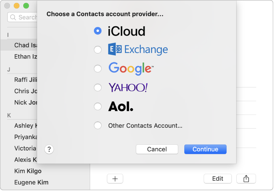 The window for adding Internet accounts to the Contacts app.