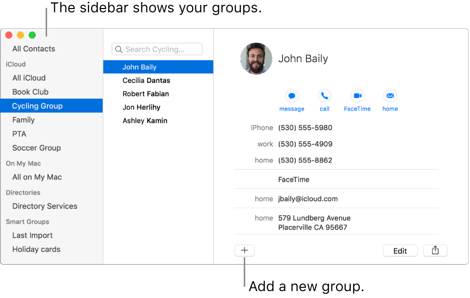 The Contacts window showing the sidebar with groups, such as Book Club and Cycling Group, and the button at the bottom of a contact card for adding a new group.