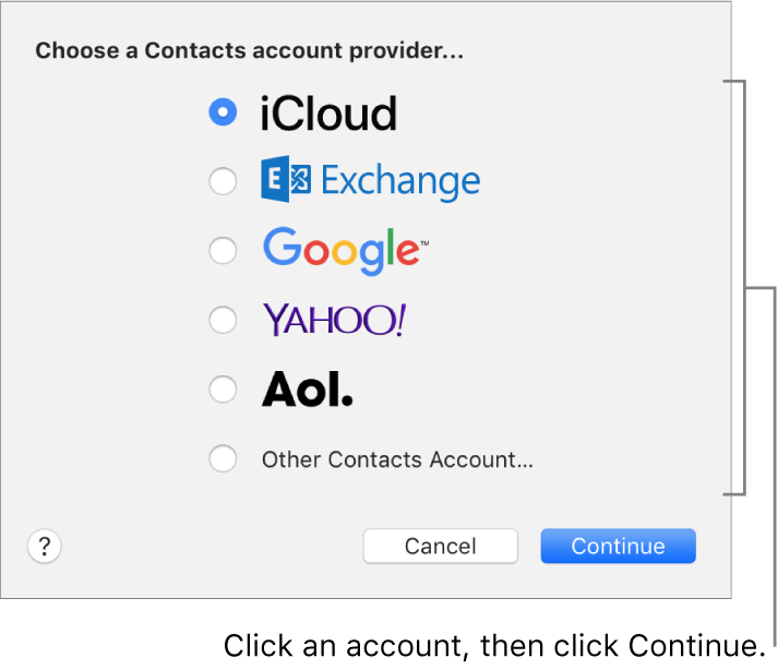 The window for adding Internet accounts to the Contacts app.