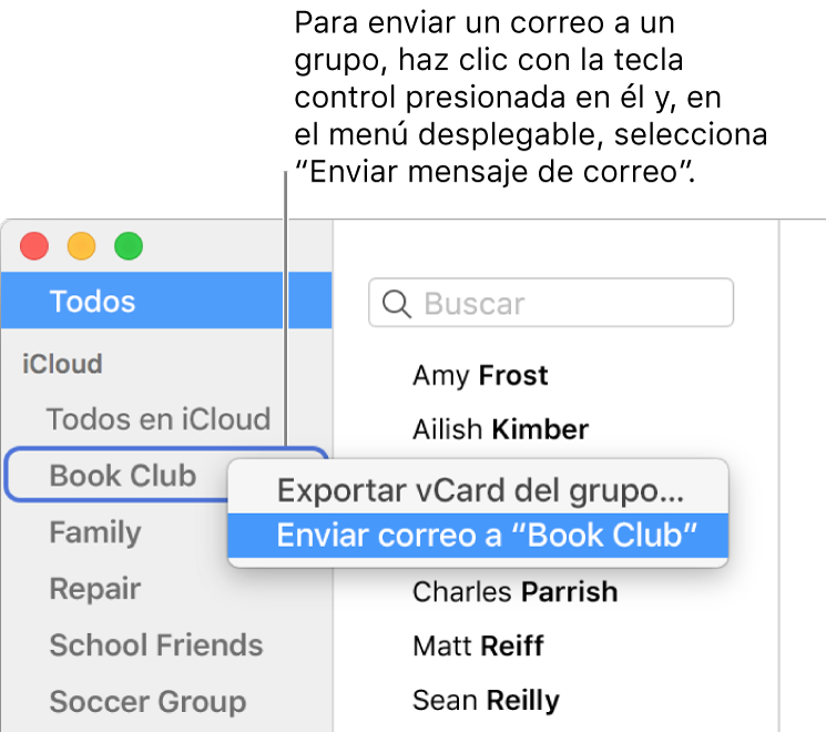 La barra lateral de Contactos mostrando el menú desplegable con el comando para enviar un correo al grupo seleccionado.