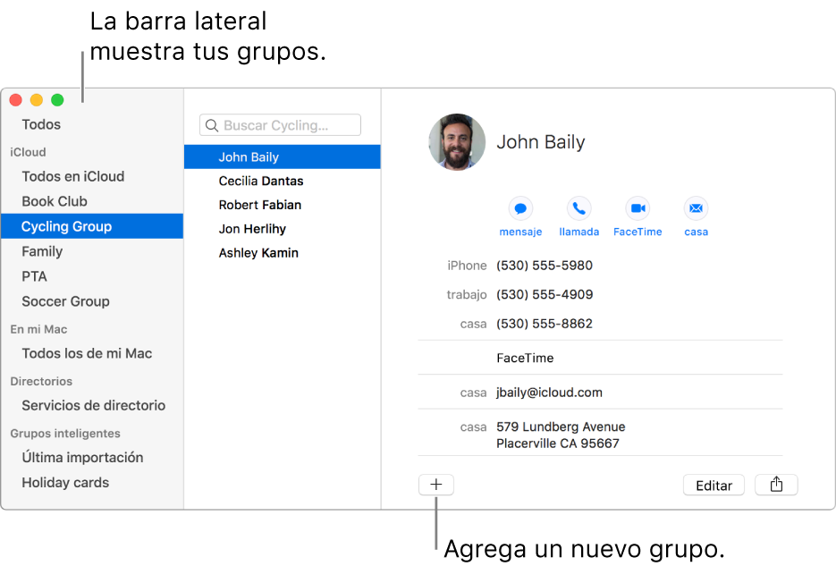 La ventana de Contactos mostrando la barra lateral con grupos como “Club de lectura” y “Grupo de ciclismo”, y el botón en la parte inferior de una tarjeta de contacto para agregar un grupo nuevo.