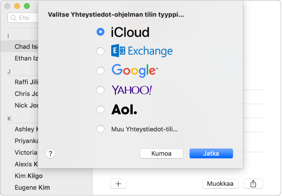 Ikkuna, jossa voidaan lisätä internet-tilejä Yhteystietoihin.