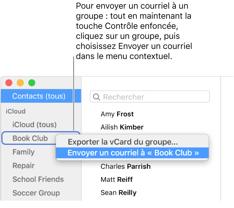La barre latérale de Contacts affichant le menu contextuel avec la commande permettant d’envoyer un courriel au groupe sélectionné.
