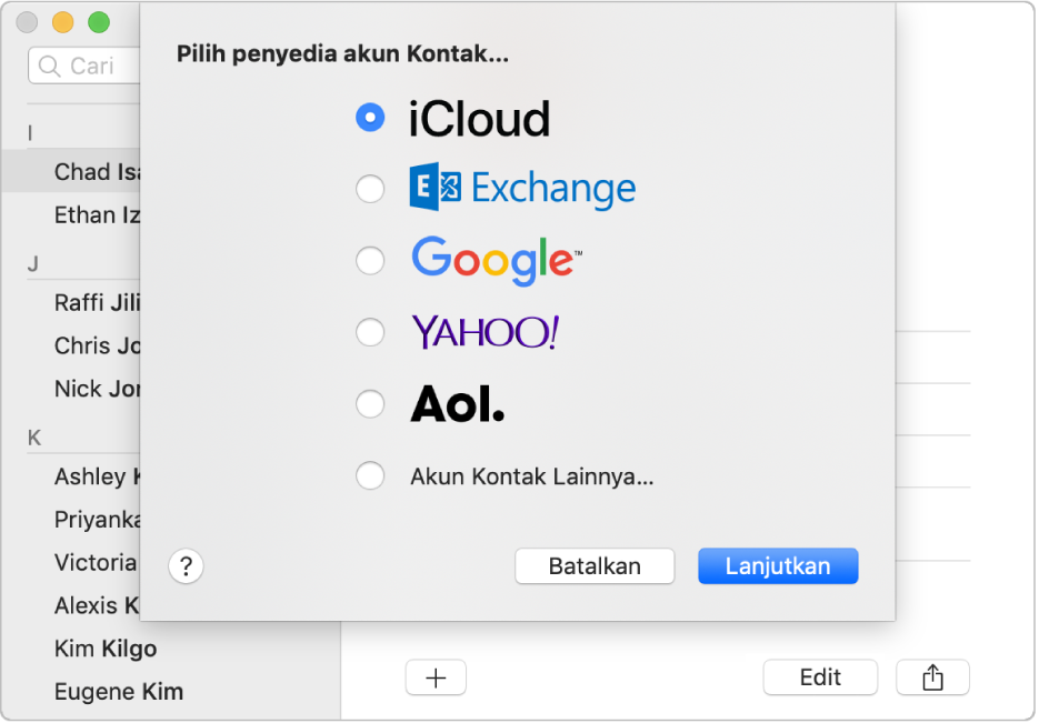 Jendela untuk menambahkan akun Internet ke app Kontak.