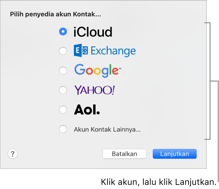 Jendela untuk menambahkan akun Internet ke app Kontak.