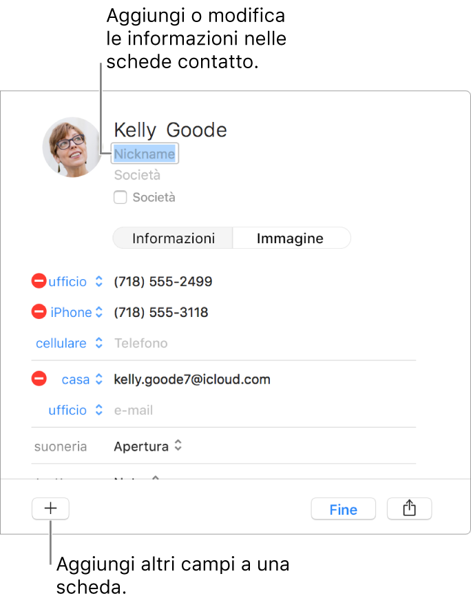 Una scheda di un contatto con il campo nickname sotto il nome del contatto e, nella parte inferiore della finestra, un pulsante per l'aggiunta di altri campi alla scheda