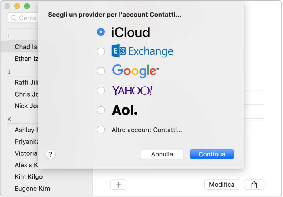 La finestra per aggiungere gli account Internet all'app Contatti.