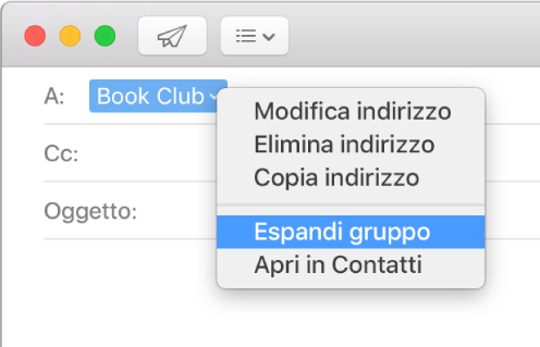 Un’e-mail in Mail con un gruppo nel campo A e un menu a comparsa che mostra il comando “Espandi gruppo” selezionato.