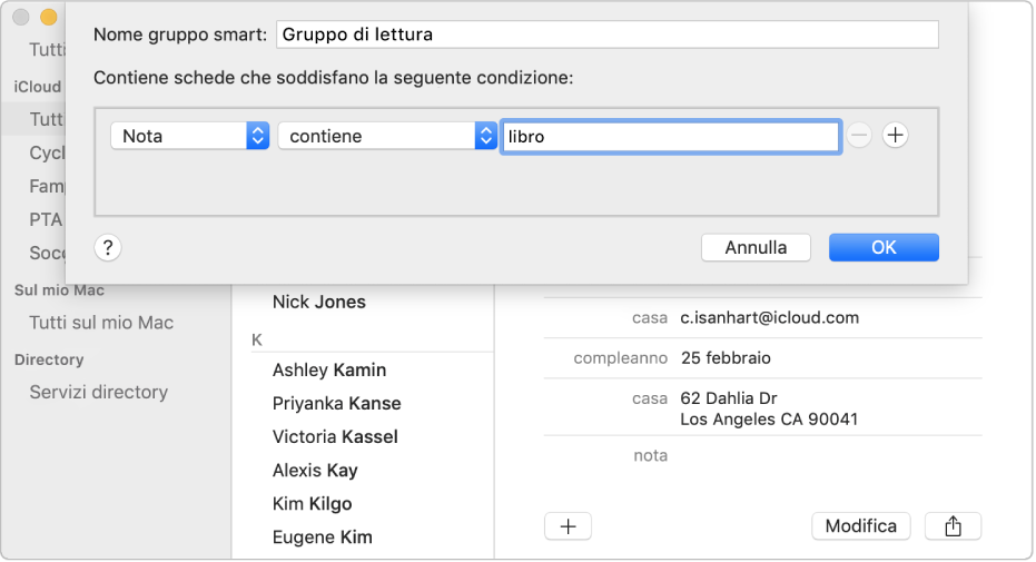 La finestra per l’aggiunta di un gruppo smart, in cui il nome del gruppo è “Circolo lettura” e comprende i contatti che presentano la parola “libro” nel campo Note della loro scheda.
