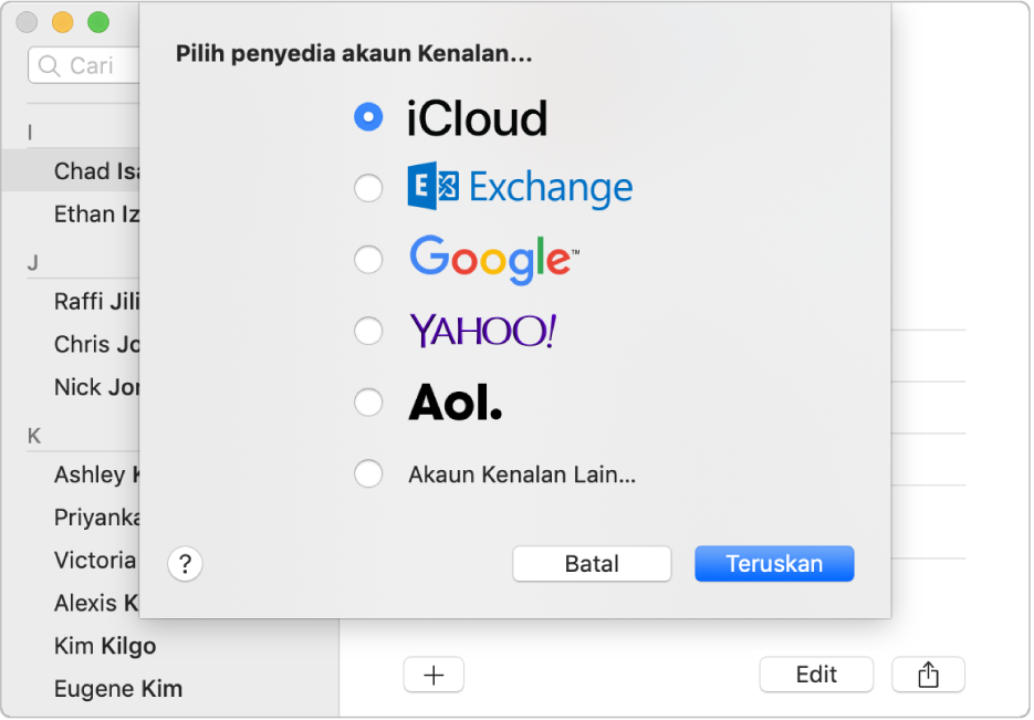 Tetingkap untuk menambah akaun Internet ke app Kenalan.