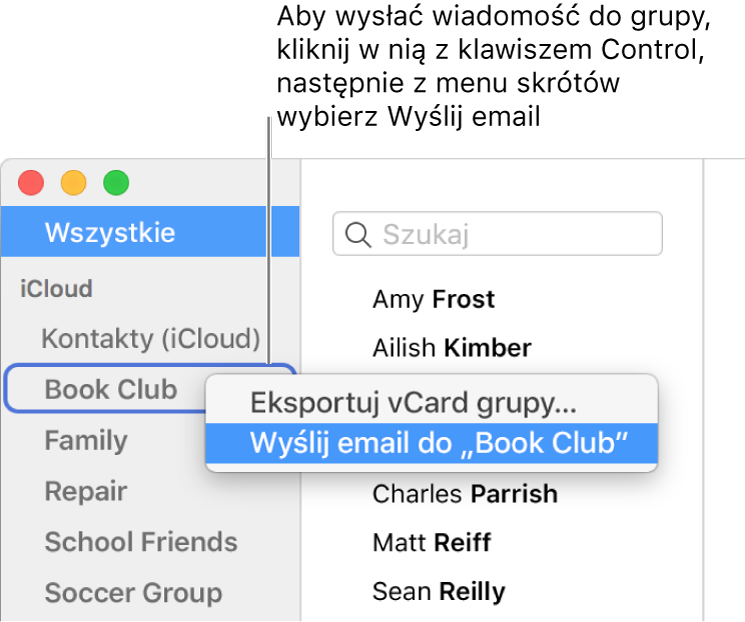Pasek boczny Kontaktów z menu podręcznym grupy, zawierającym polecenie pozwalające na wysłanie wiadomości email do zaznaczonej grupy.