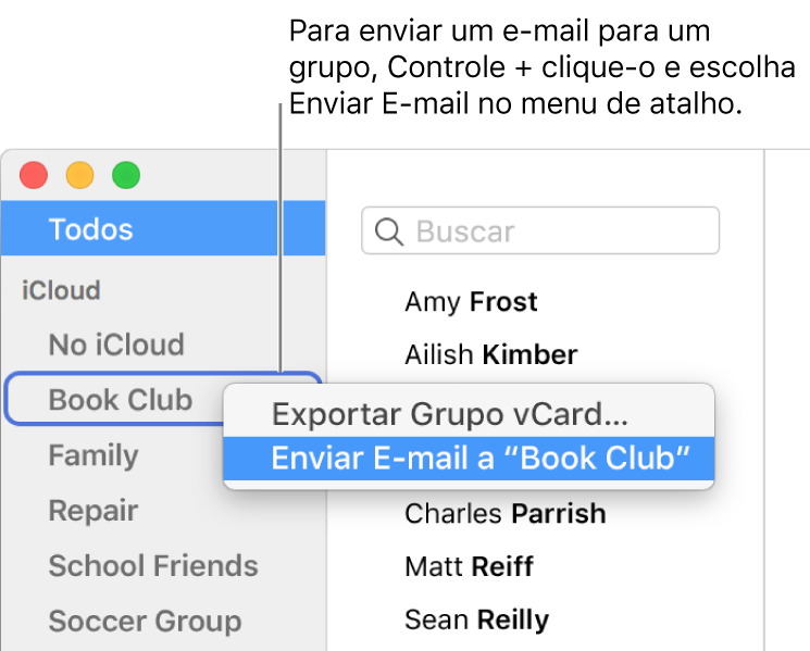 Barra lateral do Contatos mostrando o menu local com o comando para enviar um e‑mail para o grupo selecionado.