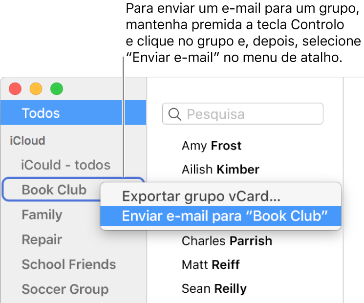 A barra lateral da aplicação Contactos a mostrar o menu pop-up com o comando para enviar um e-mail para o grupo selecionado.