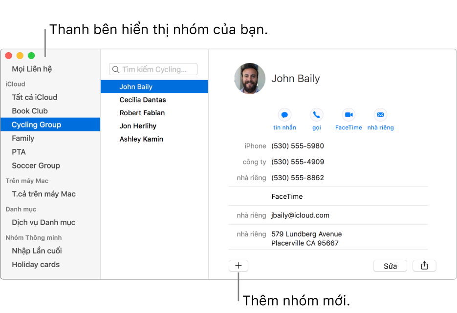 Cửa sổ Danh bạ hiển thị thanh bên có các nhóm như Câu lạc bộ sách và Nhóm đạp xe và nút ở cuối thẻ liên hệ để thêm một nhóm mới.