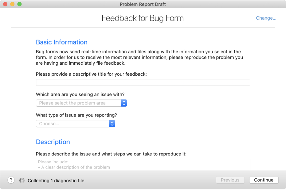 A feedback form showing the basic information and description fields.