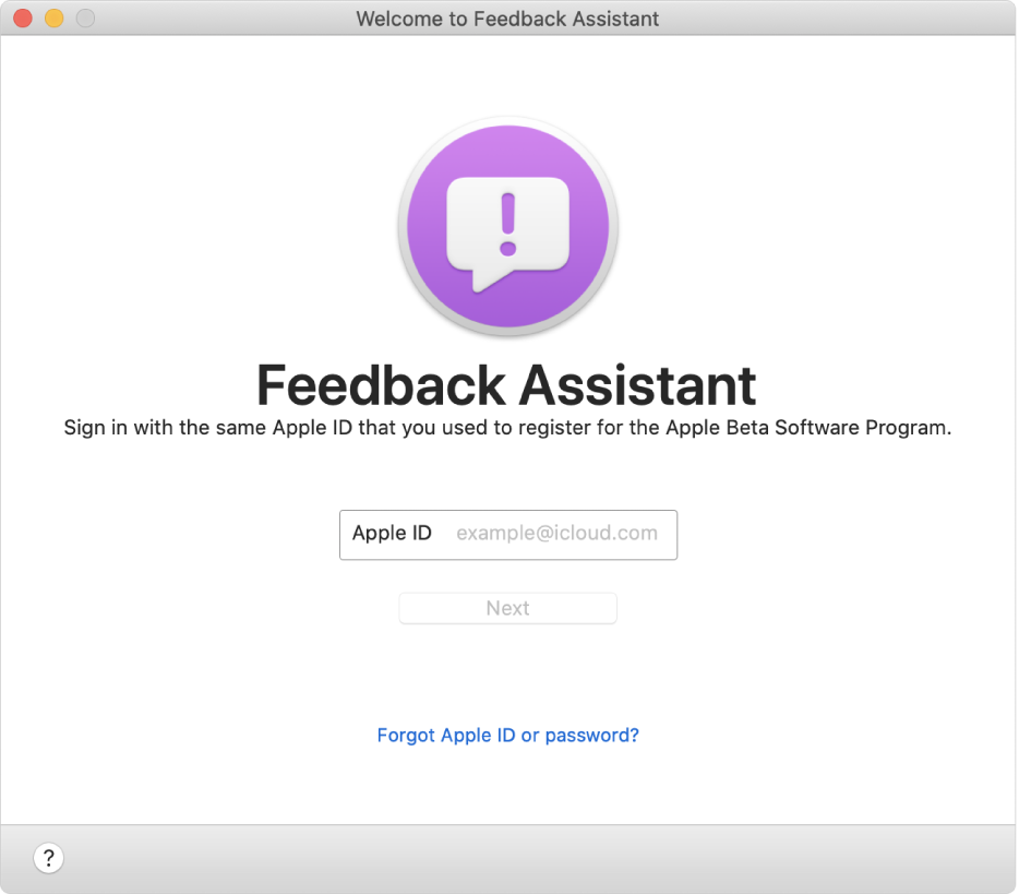 The Feedback Assistant sign in window.