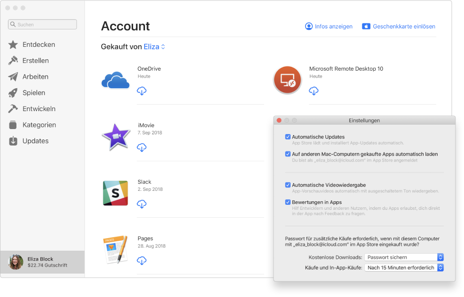 Eine Accountseite des Mac App Store mit mehreren Apps, die bereits geladen wurden. Im App Store-Bereich „Einstellungen“, der in der unteren rechten Ecke der Accountseite als Überlagerung angezeigt wird, sind die Optionen „Automatische Updates“, „Auf anderen Mac-Computern gekaufte Apps automatisch laden“, „Automatische Videowiedergabe“ und „Bewertungen in Apps“ ausgewählt. Unten im Bereich befinden sich Einblendmenüs, aus denen du Optionen zum Kaufen von App und zu kostenlosen Downloads wählen kannst.
